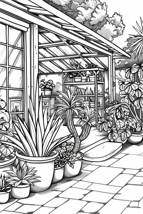 Cozy courtyard scene with assorted potted plants including agave, succulents — free printable courtyard coloring book page