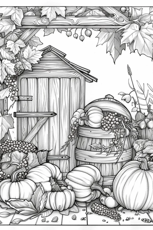Rustic cottage with harvest pumpkins and gourds, realistic line art style — free printable harvest coloring book page