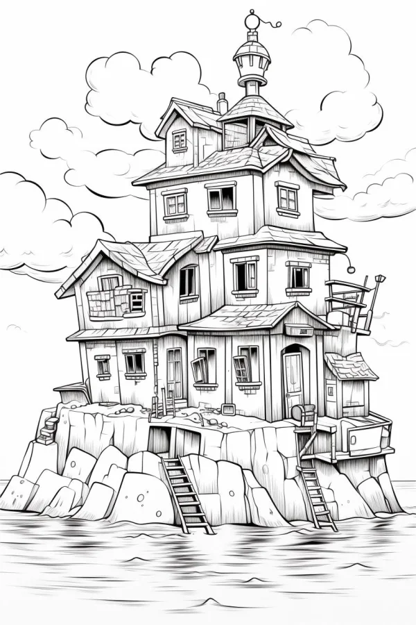 Whimsical water house on rocky outcrop, cartoon style — free printable houses coloring book page