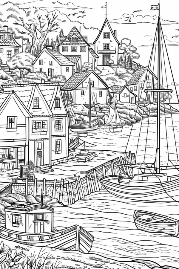 Coastal fishing town scene with various houses and boats, realistic illustration style — free printable fishing village life coloring book page