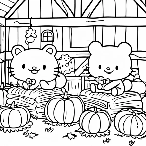 Cute cartoon cat and bear, cartoon style — free printable farm life coloring book page