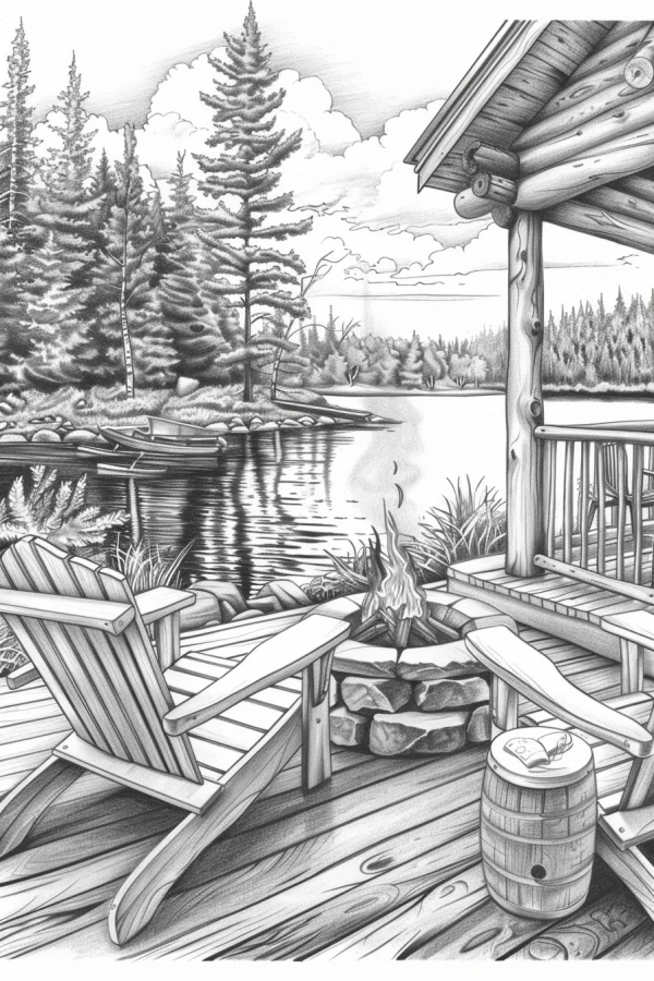 Lakeside cabin porch leisure scene, realistic sketch style — free printable rural leisure coloring book page