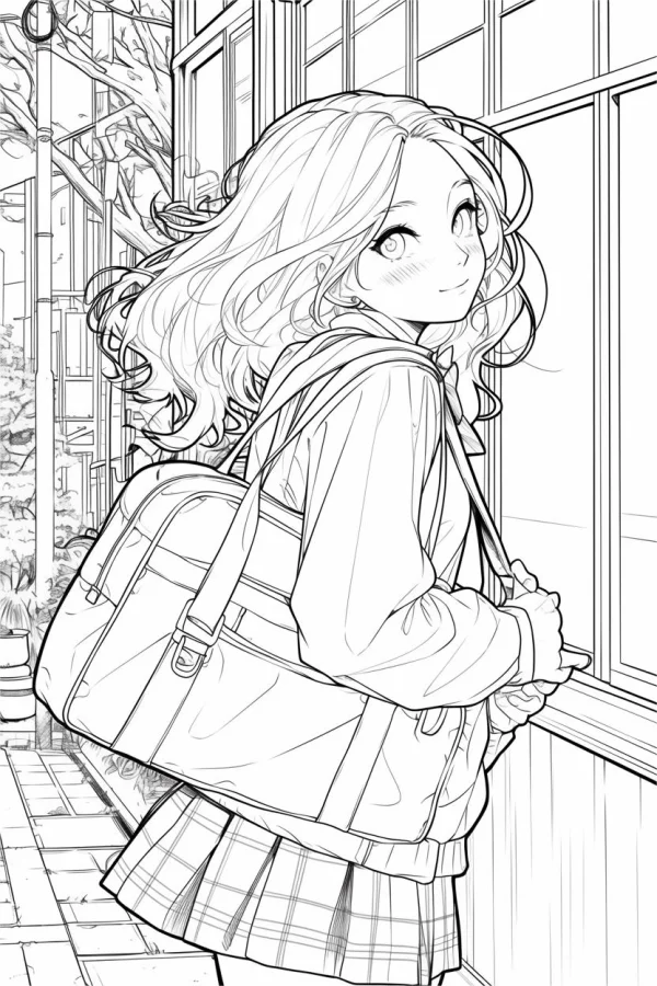 Anime school girl with long curly hair, carrying a school bag — free printable campus life coloring book page