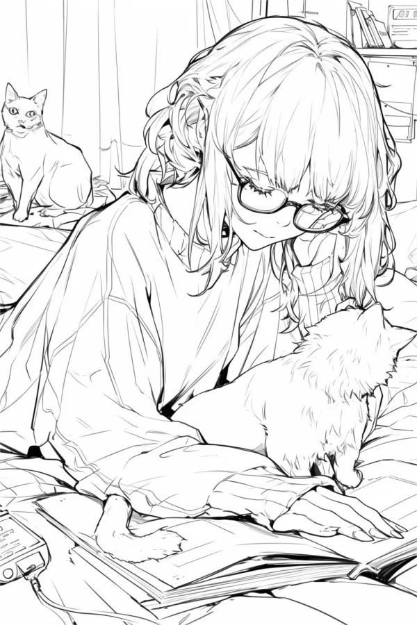 Girl with glasses and two cats, japanese illustration style — free printable daily coloring book page