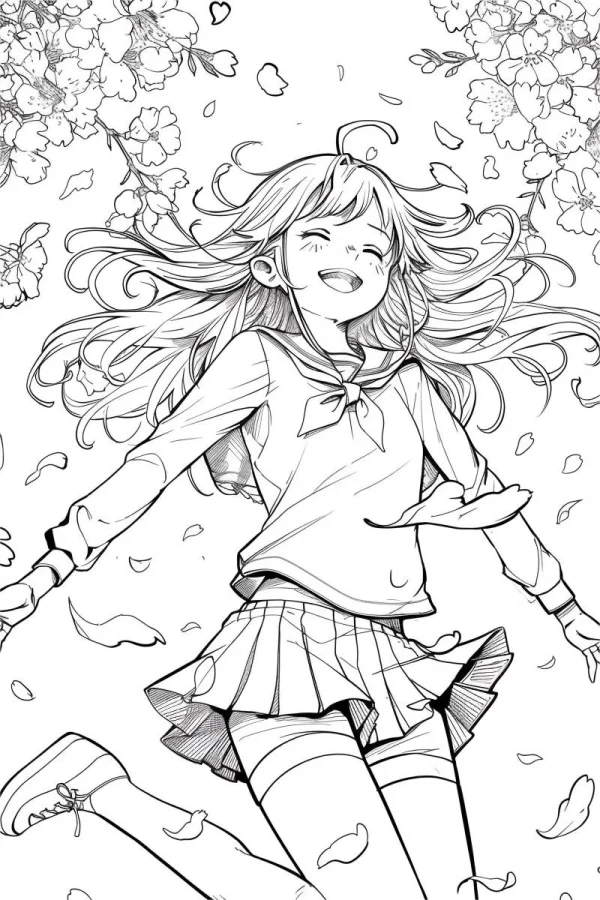 School uniform girl running under cherry blossoms with falling petals, anime style — free printable youth coloring book page