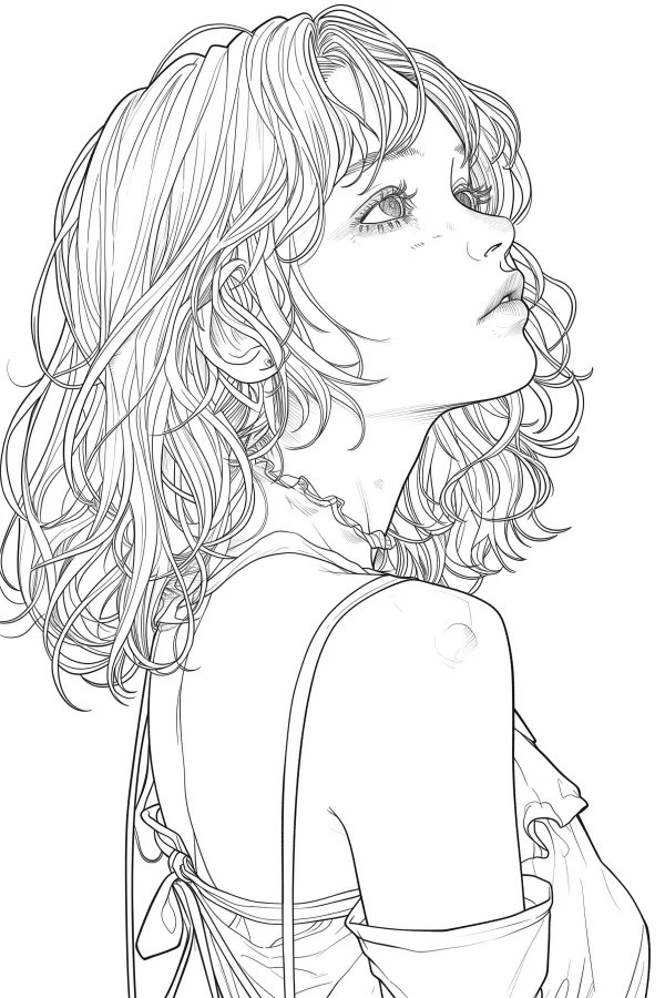 Curly-haired backless girl portrait, japanese illustration style — free printable portrait coloring book page