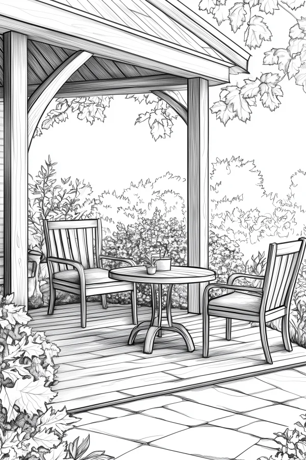 Outdoor patio with wooden round table and armchairs, realistic illustration style — free printable courtyard coloring book page