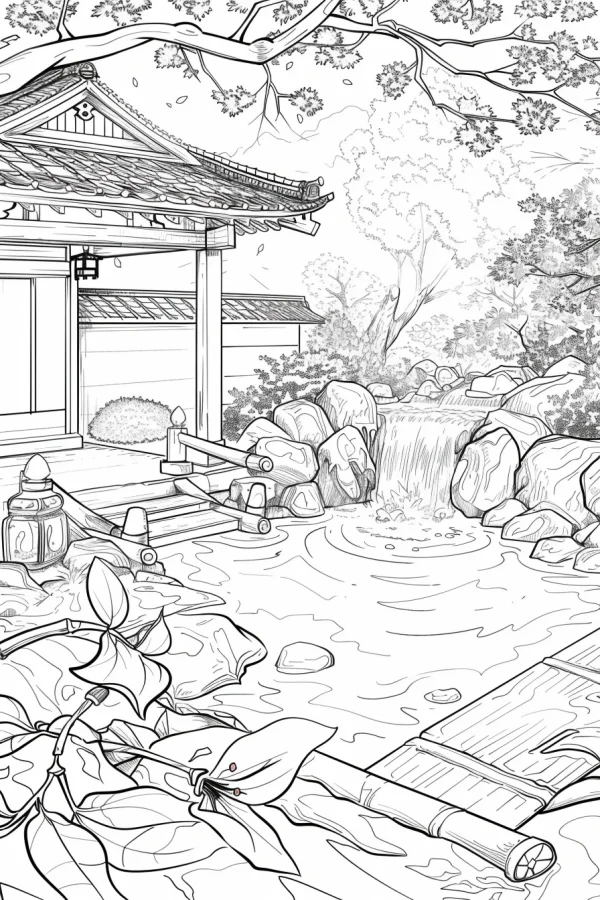 Coloring book page, japanese style courtyard stream landscape with traditional wooden house — free printable courtyard coloring book page