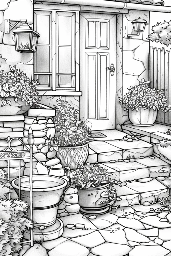 Courtyard entrance with potted plants and stone path, sketch style — free printable courtyard coloring book page