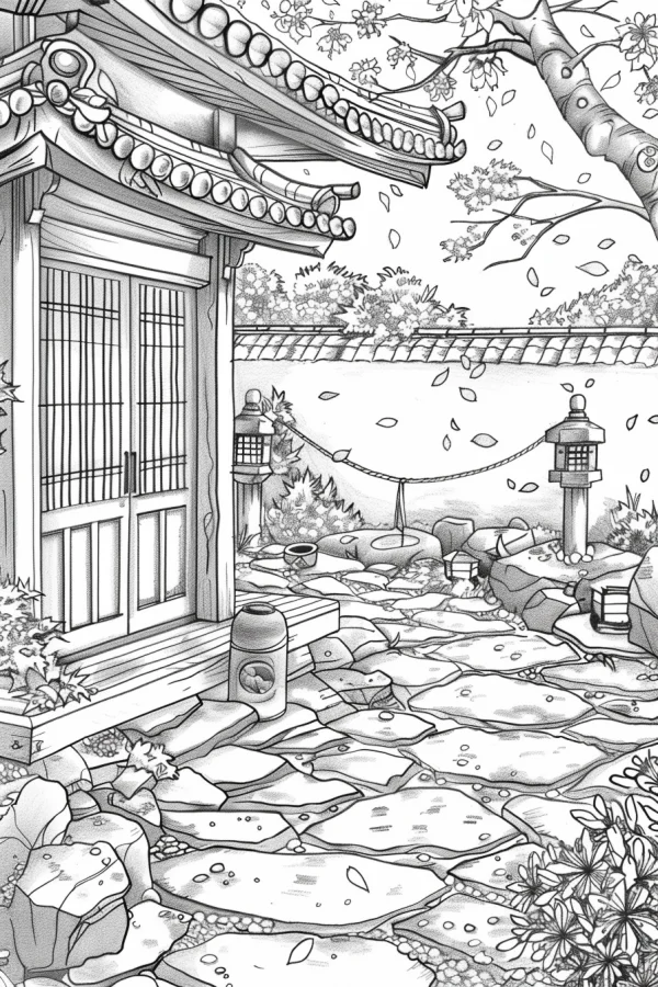 Japanese style courtyard with traditional wooden house, fine clean outlines — free printable courtyard coloring book page
