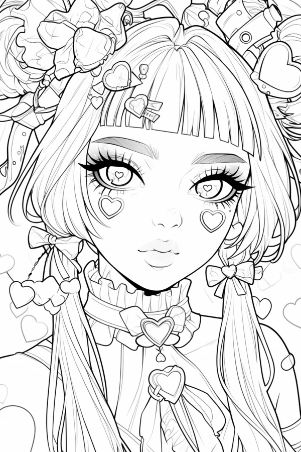 Anime girl with heart decorations, japanese anime cartoon style — free printable cute coloring book page