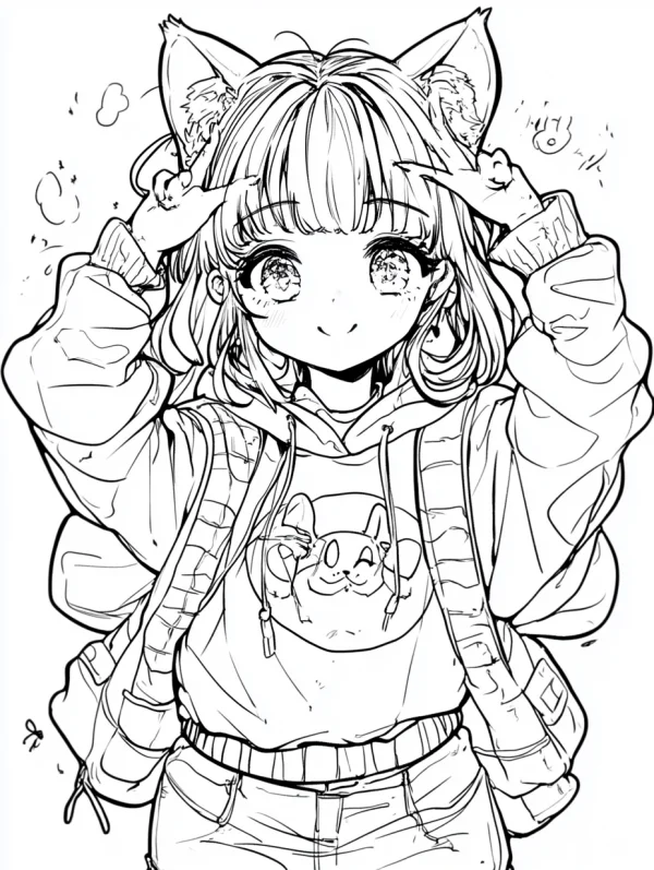 Coloring book page, cute cat ear girl wearing hoodie and carrying backpack — free printable daily coloring book page