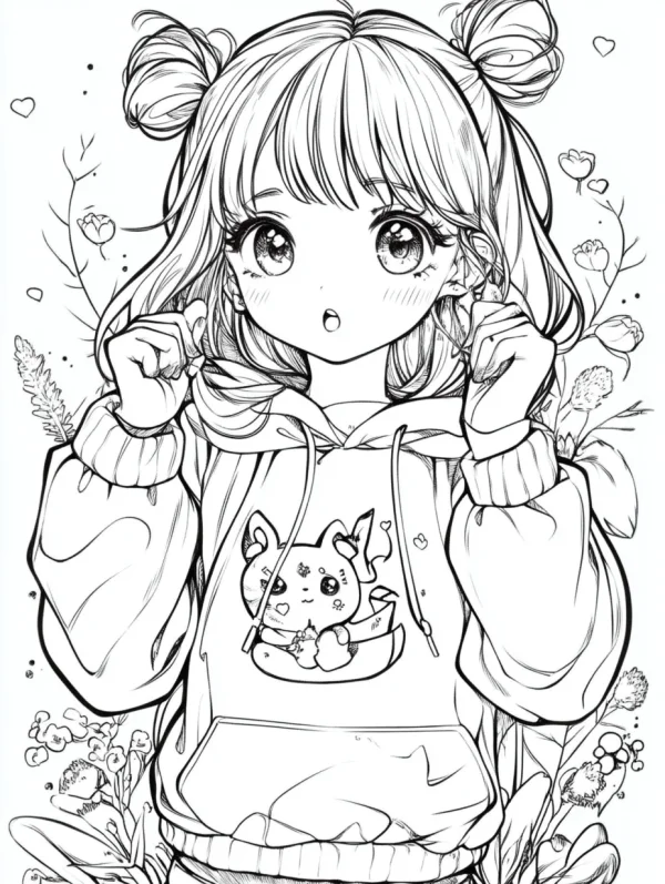 Cute girl with double bun hairstyle wearing hoodie with cat print, japanese kawaii cartoon style — free printable daily coloring book page