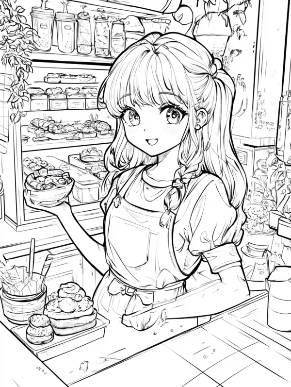 Cute apron girl holding food bowl in bakery shop, japanese anime cartoon style — free printable baking coloring book page