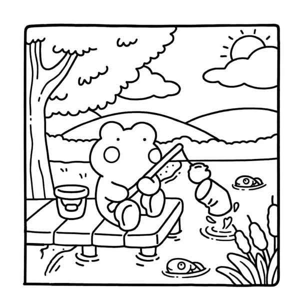 Cute bear fishing on wooden platform, cartoon style — free printable fishing coloring book page