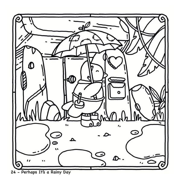 Cute duck holding an umbrella standing in front of a small house with heart decoration, rainy scene with puddles — free printable rainy season coloring book page