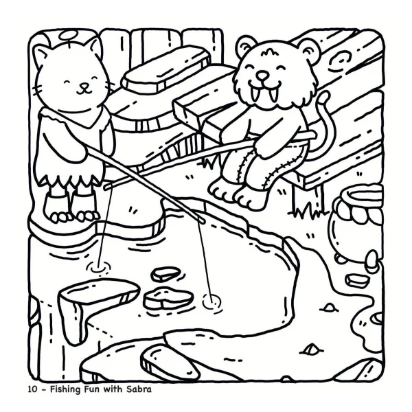 Anthropomorphic cat and tiger fishing by the river on wooden platform, cartoon style — free printable fishing coloring book page