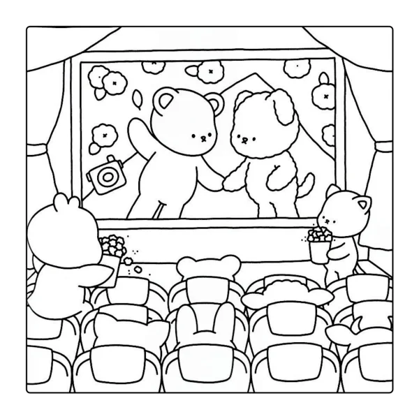 Animal friends watching movie in cinema, cartoon style — free printable entertainment coloring book page