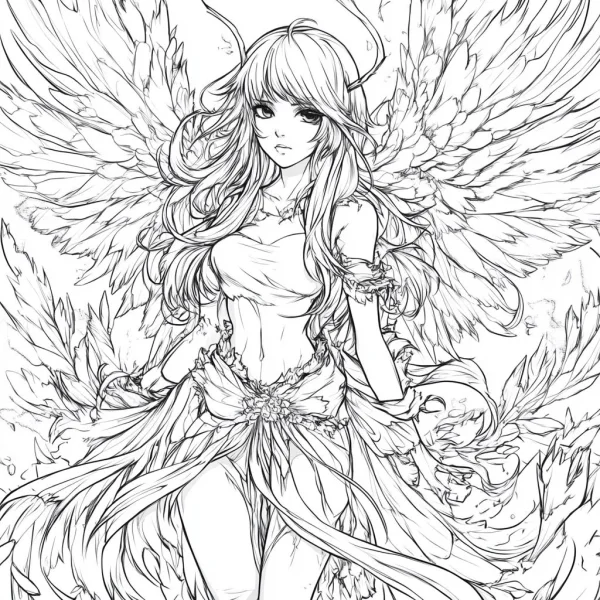 Winged angel girl, anime style — free printable angel coloring book page