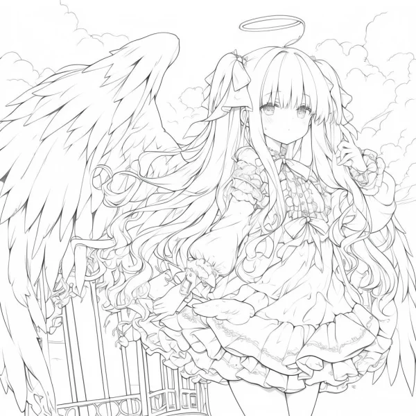 Anime angel girl with halo and large feathered wings, long curly hair in frilled rococo dress — free printable angel coloring book page