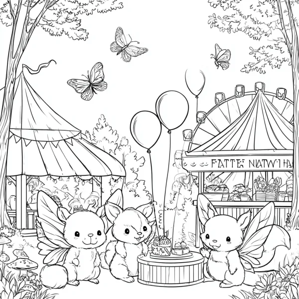 Three winged squirrels having a birthday party in a forest amusement park, cartoon style — free printable theme park coloring book page