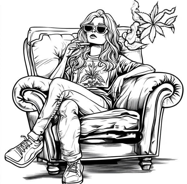 Casual girl sitting on armchair, wearing sunglasses and cannabis leaf printed shirt — free printable trendy culture coloring book page