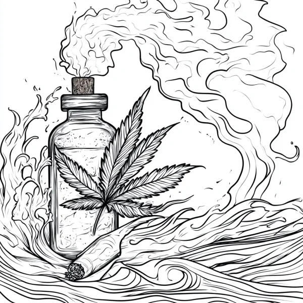 Marijuana leaf with glass bottle and cannabis joint, realistic line art style — free printable cannabis culture coloring book page