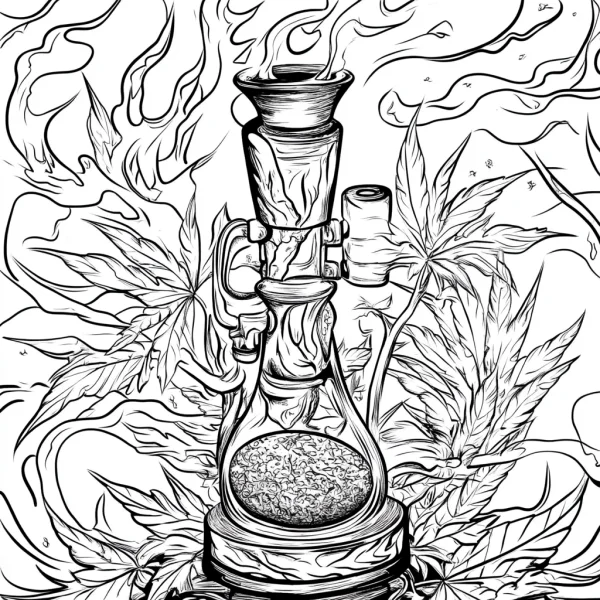 Bong with cannabis leaves, sketch art style — free printable alternative culture coloring book page