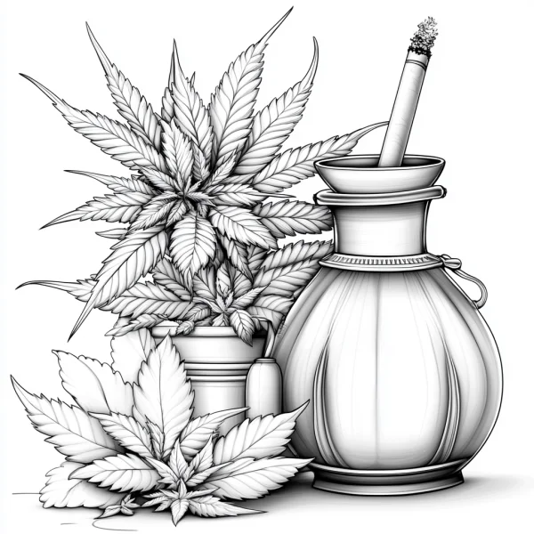 Cannabis plant in pot and hookah with lit joint, realistic  detailed organic plant leaves — free printable living items coloring book page