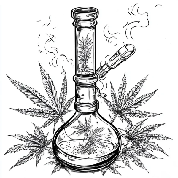 Glass bong with cannabis leaves, realistic style — free printable cannabis culture coloring book page