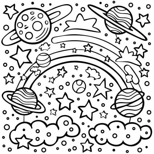 Space scene with planets, stars and clouds — free printable starry sky coloring book page