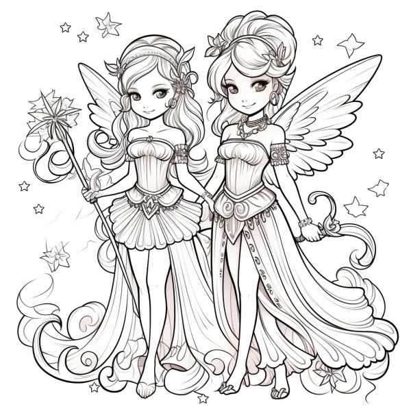 Two fantasy fairies with wings, cartoon illustration style — free printable fairy coloring book page