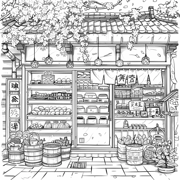 Coloring book page, traditional japanese grocery store — free printable shops coloring book page