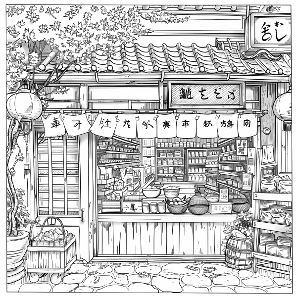 Traditional japanese food shop, japanese illustration style — free printable shops coloring book page