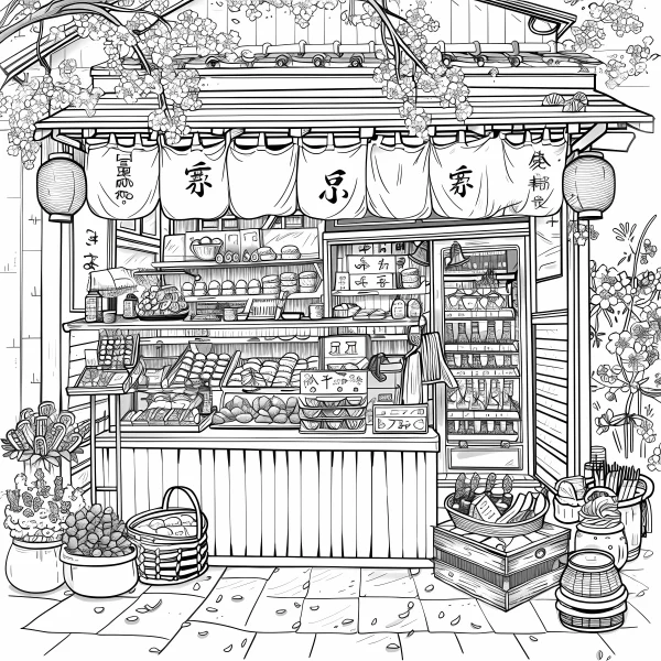 Japanese traditional grocery store, japanese style — free printable street view coloring book page