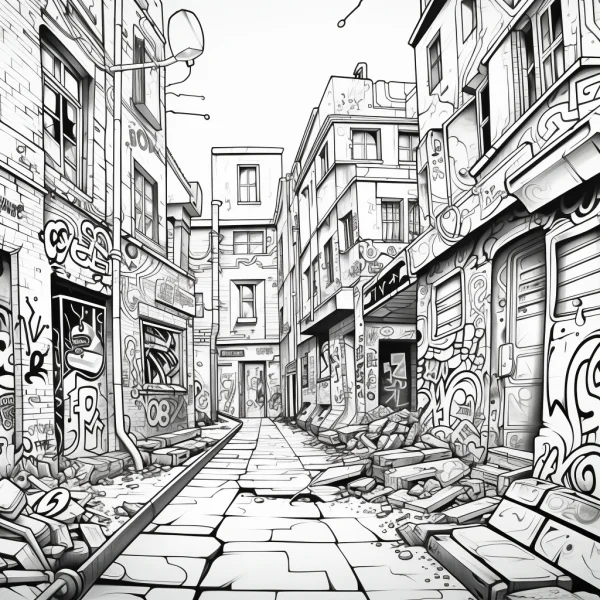 Coloring book page, graffiti-covered abandoned urban alleyway — free printable graffiti art coloring book page
