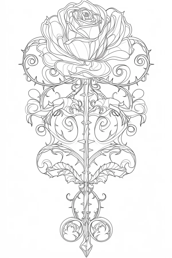 Rose with thorns and gothic decorative patterns, gothic style — free printable goth culture coloring book page