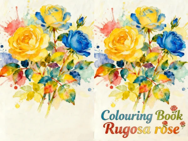Colouring book cover, yellow and blue rugosa roses — free printable handmade diy coloring book page