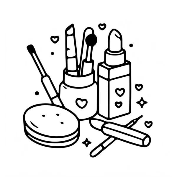 Makeup tools set including lipstick, makeup brushes — free printable beauty coloring book page
