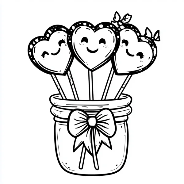 Anthropomorphic heart lollipops placed in a glass jar with a bow, cartoon style — free printable cute coloring book page