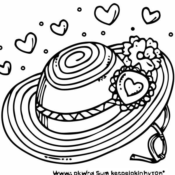 Wide-brimmed hat with heart decorations, cartoon style — free printable cute coloring book page