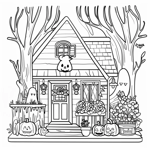 Cute halloween themed cottage, cartoon style — free printable scenes coloring book page