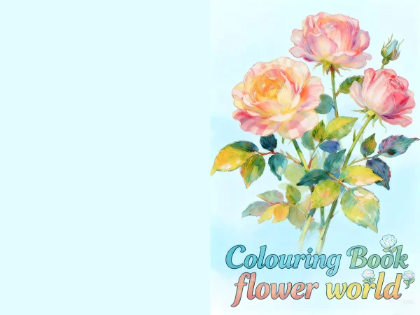 Colouring book cover, watercolor style rose flowers with buds and green leaves — free printable entertainment coloring book page