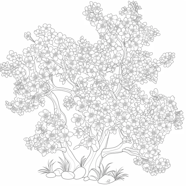 Flowering tree with abundant blossoms, nature sketch style — free printable trees coloring book page