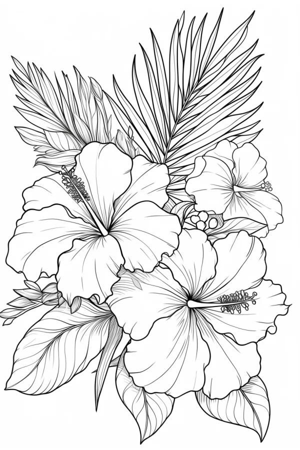 Hibiscus flowers with tropical palm leaves, realistic line art style — free printable tropical plants coloring book page