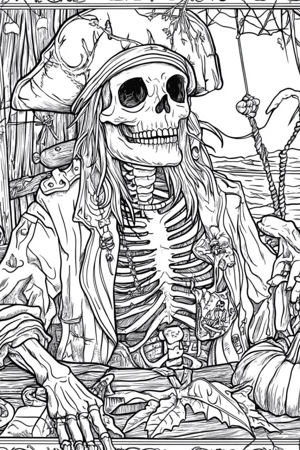 Pirate skeleton with pirate hat, horror fantasy style — free printable pirate coloring book page