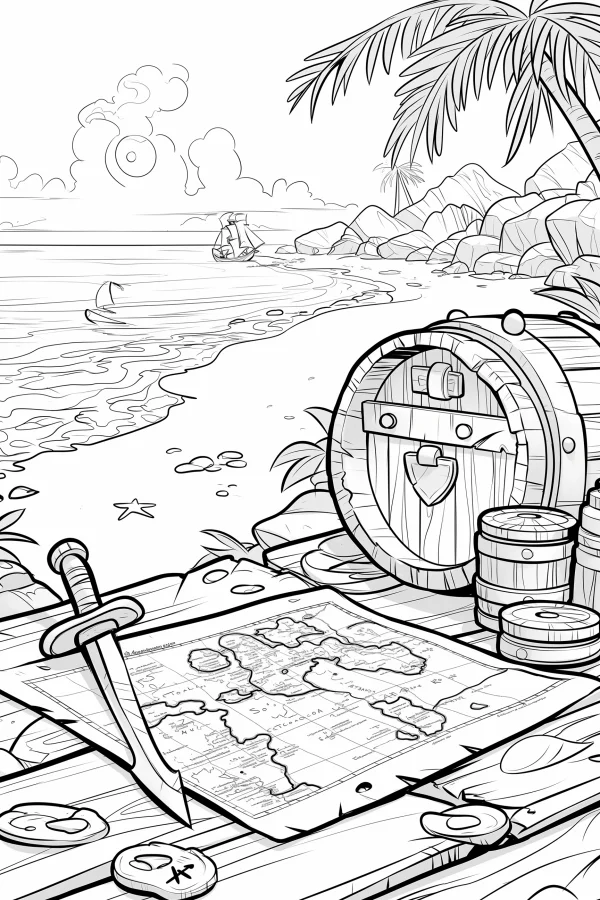 Pirate treasure map with sword on wooden plank at beach, cartoon style — free printable pirate coloring book page