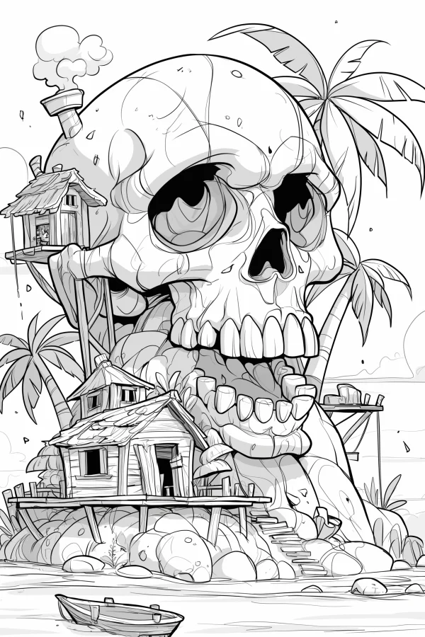 Giant skull with tropical island wooden huts, cartoon fantasy horror style — free printable island coloring book page