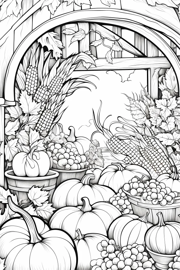 Thanksgiving harvest combination with pumpkins, corns and grapes — free printable harvest coloring book page