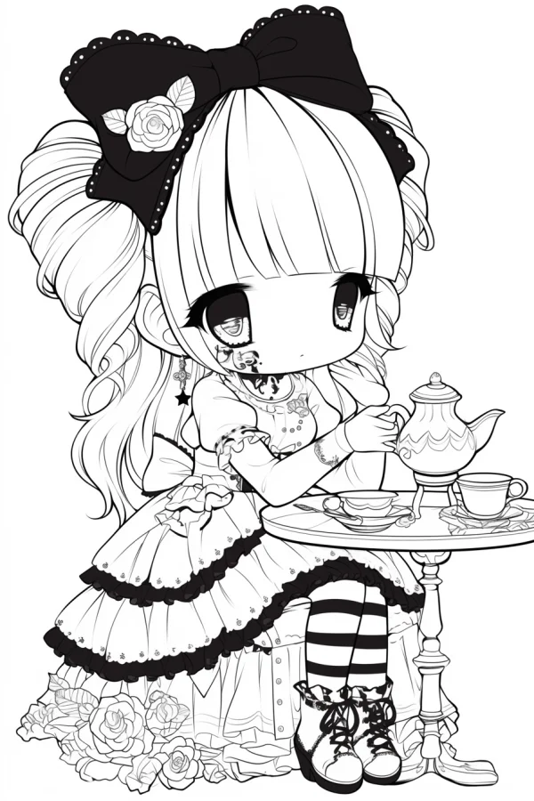 Chibi lolita girl having afternoon tea, cute cartoon moe style — free printable afternoon tea coloring book page